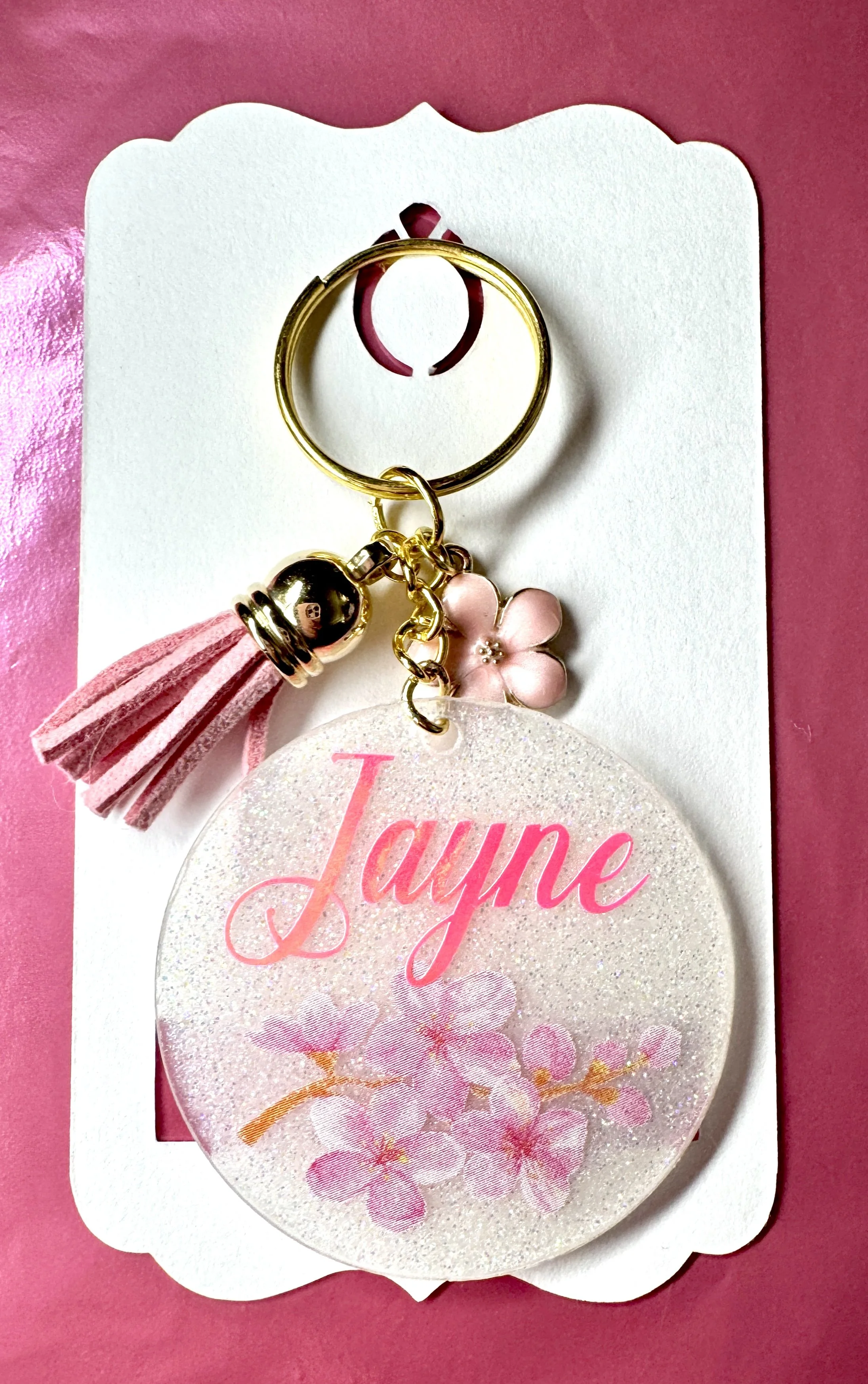 Cherry Blossom Glitter Keychain - Personalized Name