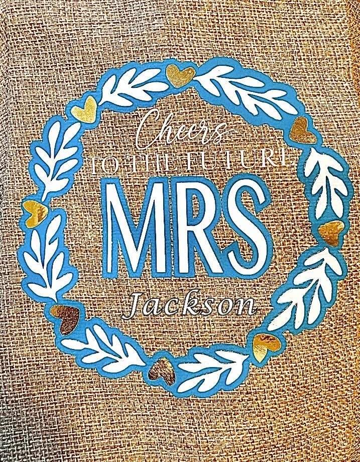 Personalized burlap wine gift bag featuring “Cheers to the Future Mrs” with custom name