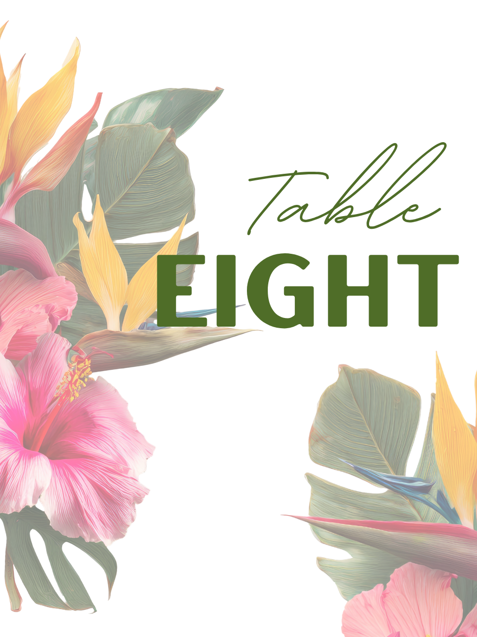 Island Paradise table number card printed on premium 110 lb cardstock, displayed in a natural wooden block stand, featuring tropical greenery design.