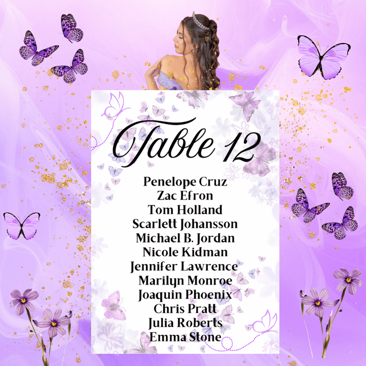 Custom purple butterfly quinceañera seating chart card, elegant table assignment card