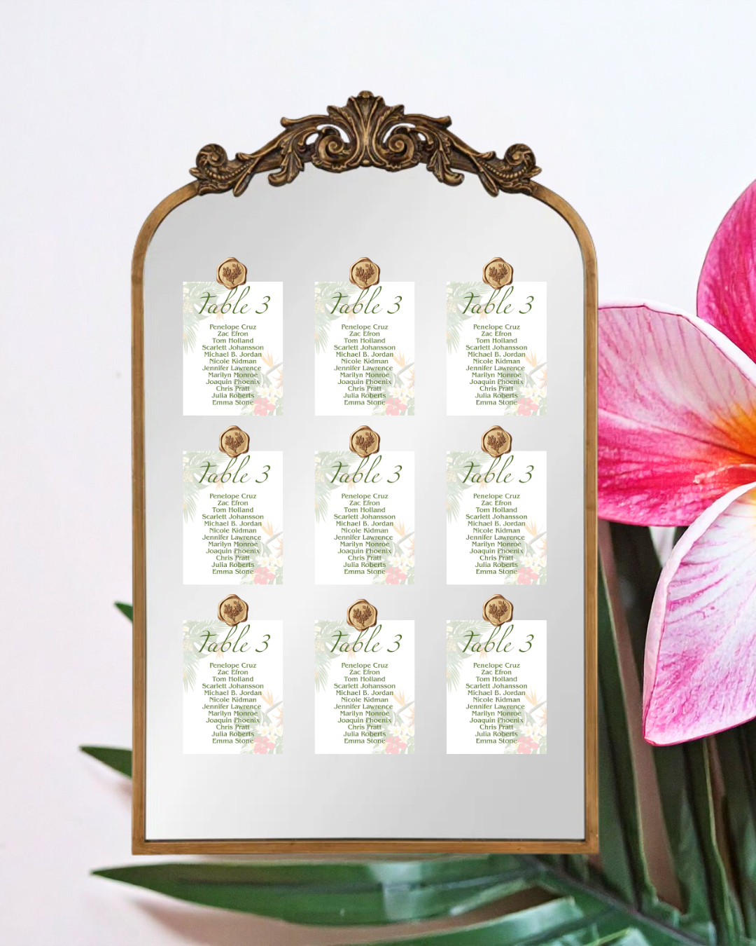 Birds of paradise tropical wedding seating chart cards with wax seal.