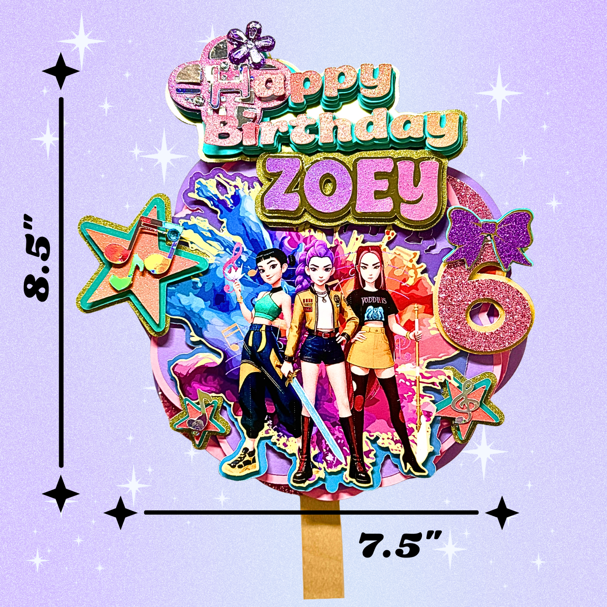 Personalized 3D Huntrix Kpop Demon Hunters birthday cake topper with vibrant anime-inspired details and custom name
