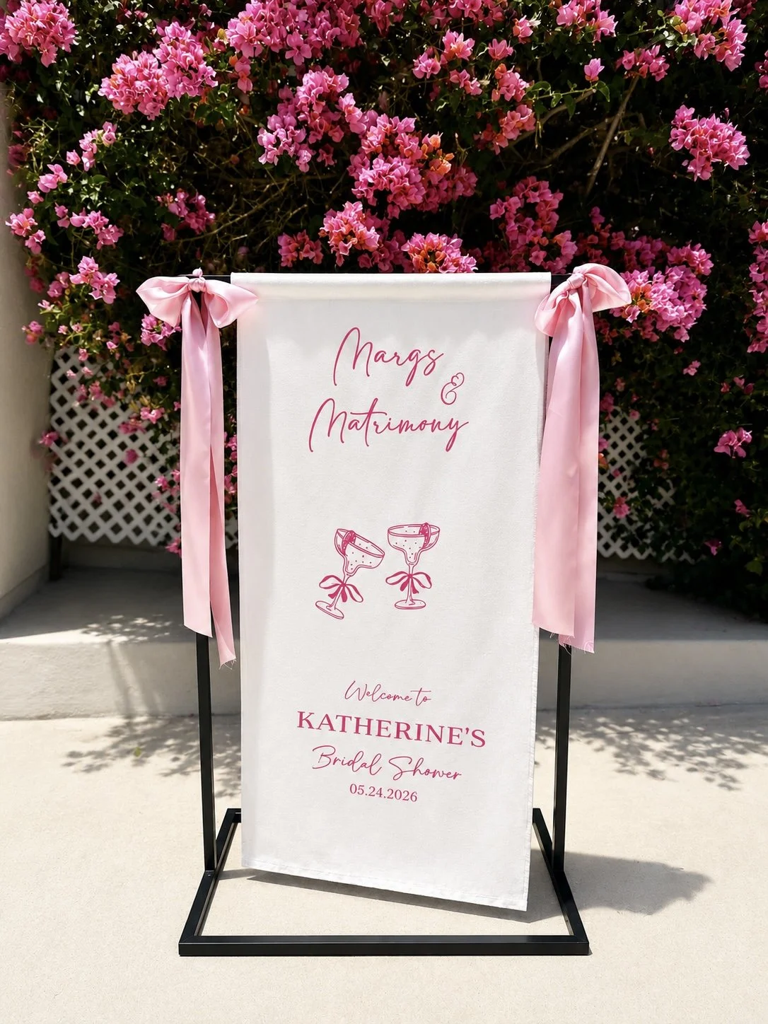 Pink Margs & Matrimony bridal shower fabric sign with custom names and event date, perfect for bridal shower entrance décor and photo backdrops.