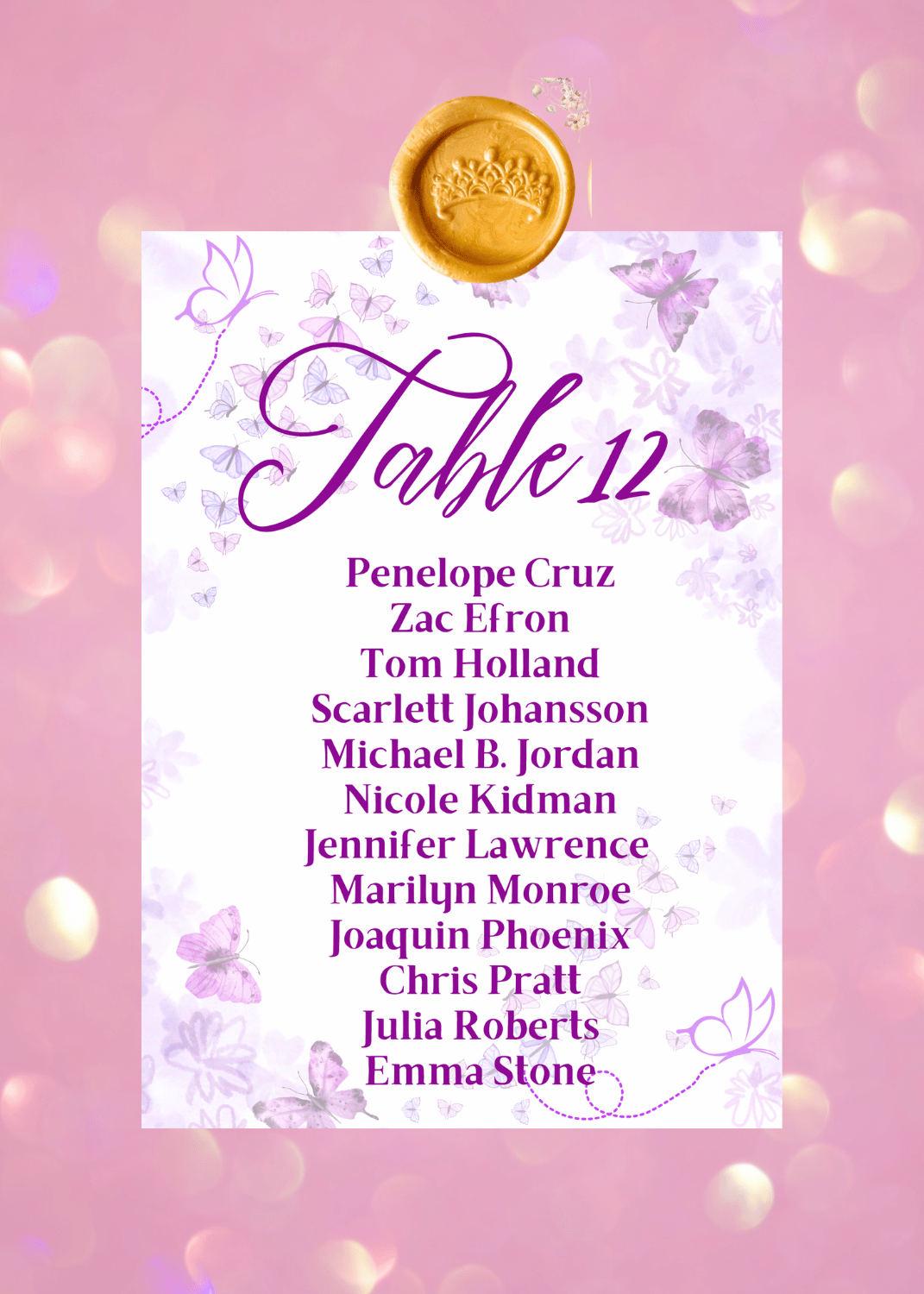 Quinceanera Butterfly themed printed seating chart card with guest names and gold butterfly wax seal