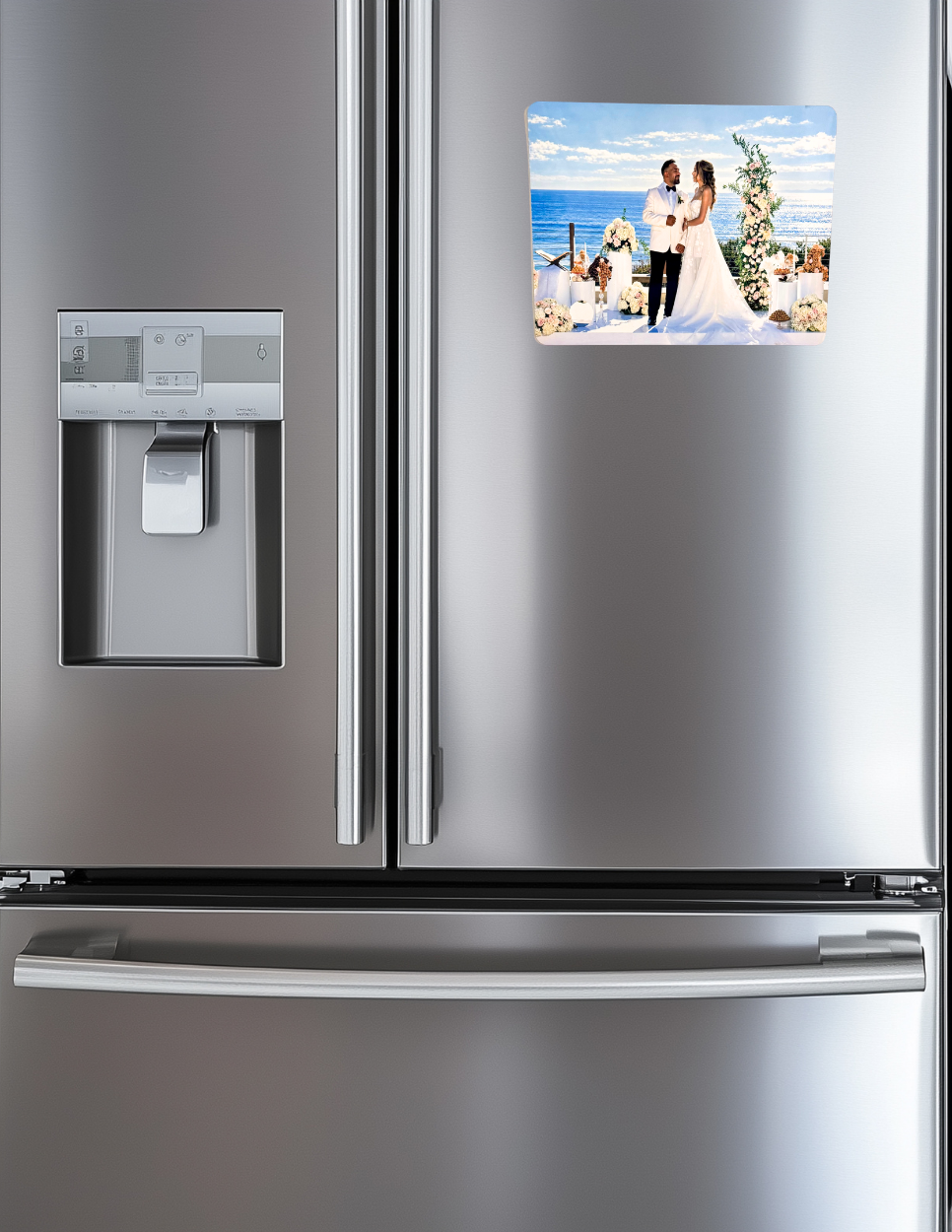 Custom 8x10 aluminum photo magnet featuring a personalized family portrait with rounded corners.