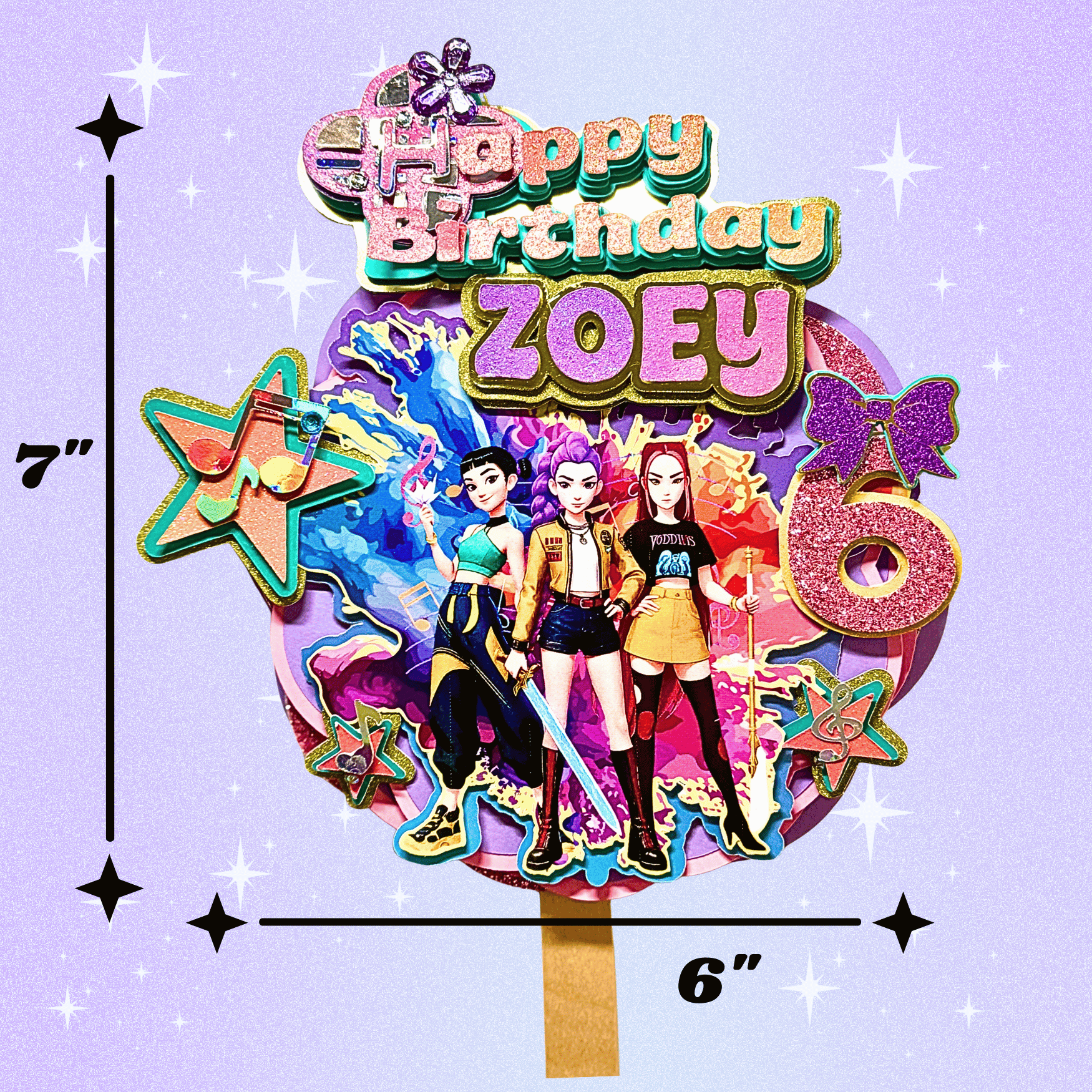 Custom Huntrix K-Pop Demon Hunters personalized 3D cake topper displayed on a girls birthday cake