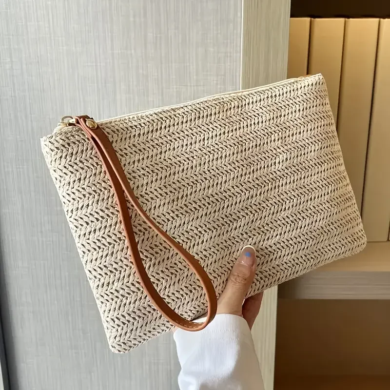 Women’s boho straw wristlet handbag styled as a casual summer accessory