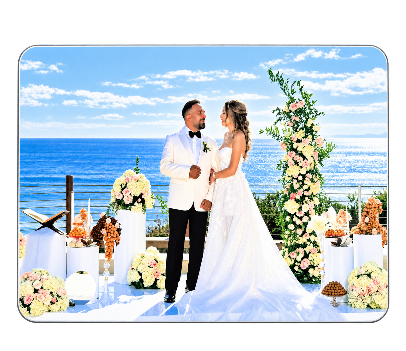 Custom 8x10 aluminum photo magnet featuring a personalized family portrait with rounded corners.