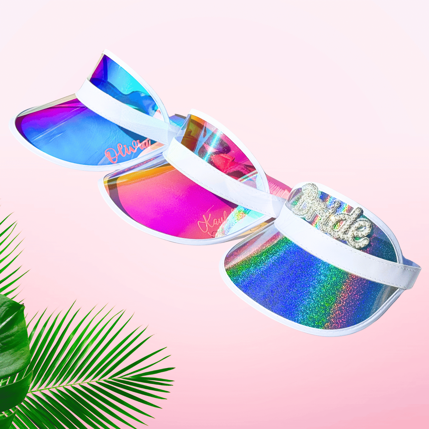 Personalized bachelorette sun visor hats customized with names, perfect for bridal party and bachelorette celebrations