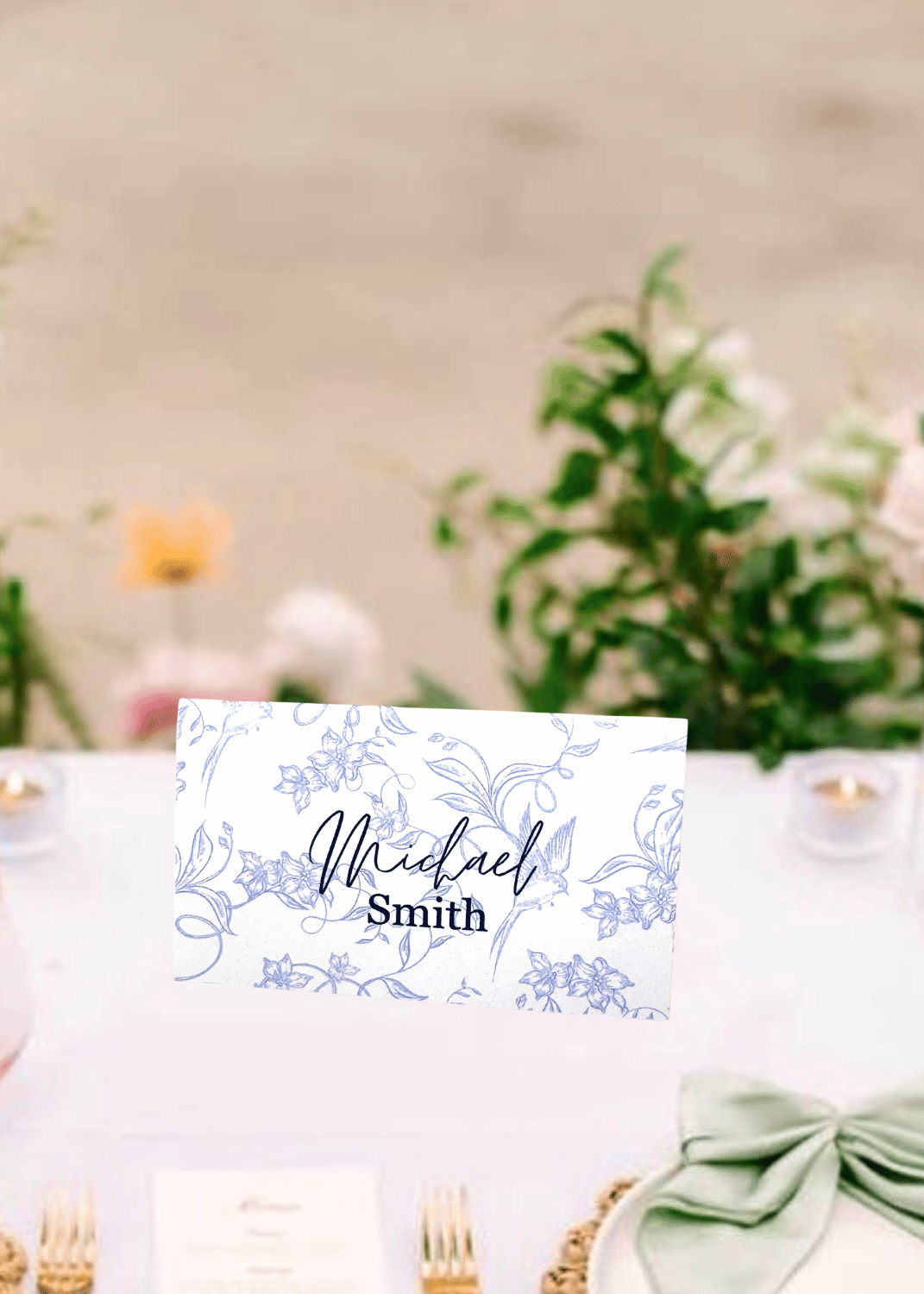 Blue toile wedding place card personalized with a guest’s name in elegant blue lettering, displayed on a reception dinner table.