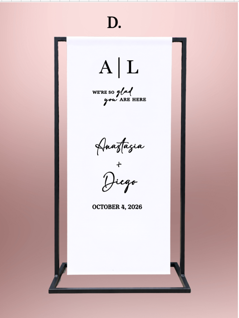 Custom fabric wedding welcome sign featuring “We Are So Glad You’re Here,” personalized initials, names, and wedding date, perfect for wedding entrances, receptions, and luxury wedding décor.