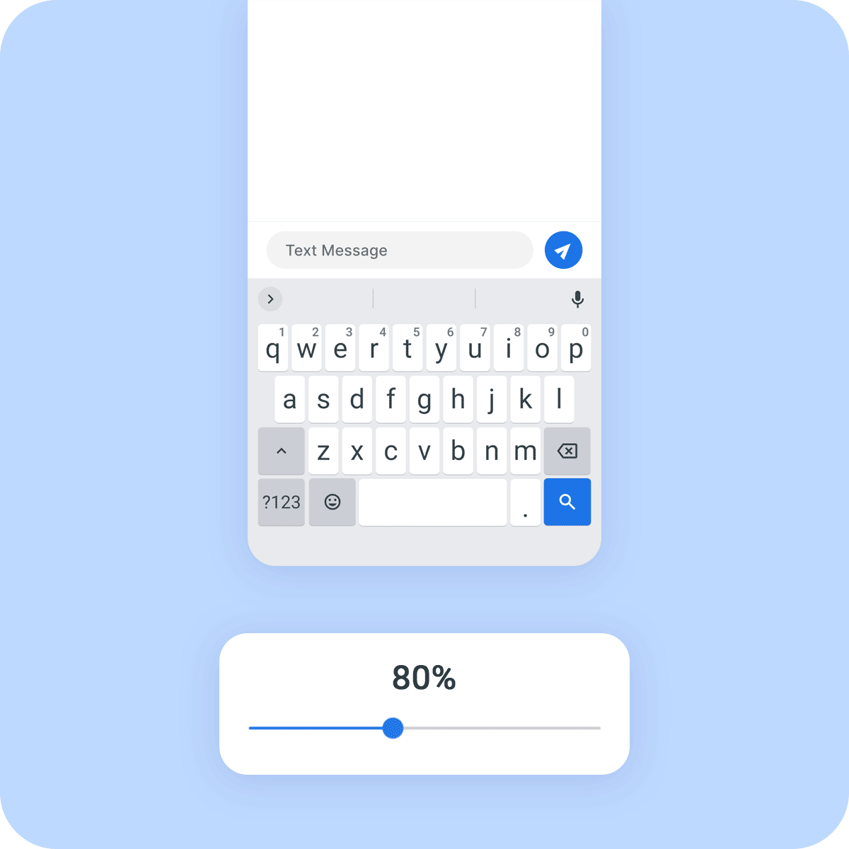 Accessible smartphone keyboard with 70%-150% larger keys for users with visual impairments or dexterity challenges.
