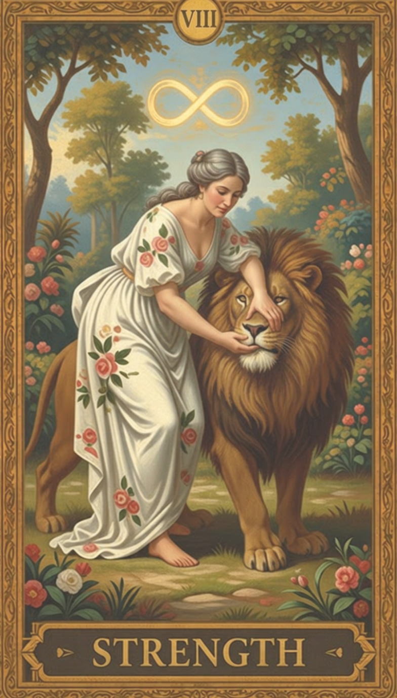 Strength Tarot Card with client testimonial: "I walked away feeling affirmed, clear, and more at peace with where I’m at — like I could finally trust the timing of things."
