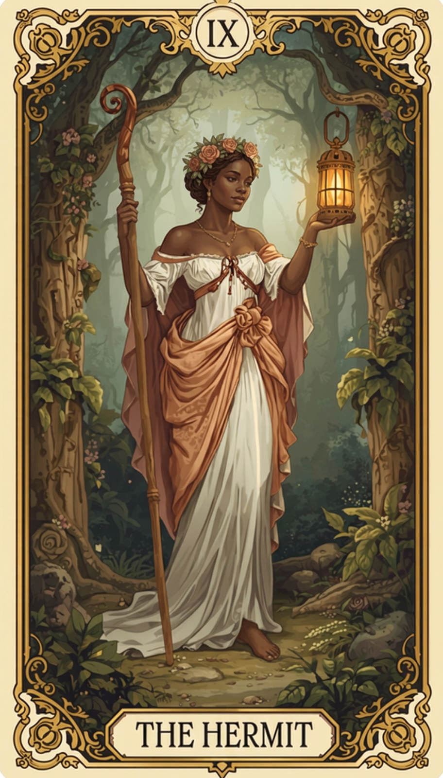 Hermit Tarot Card with client testimonial: "I’m completely fascinated by the accuracy - down to the exact day, even! Vanessa’s delivery and compassion for this work keeps me coming back for more.”