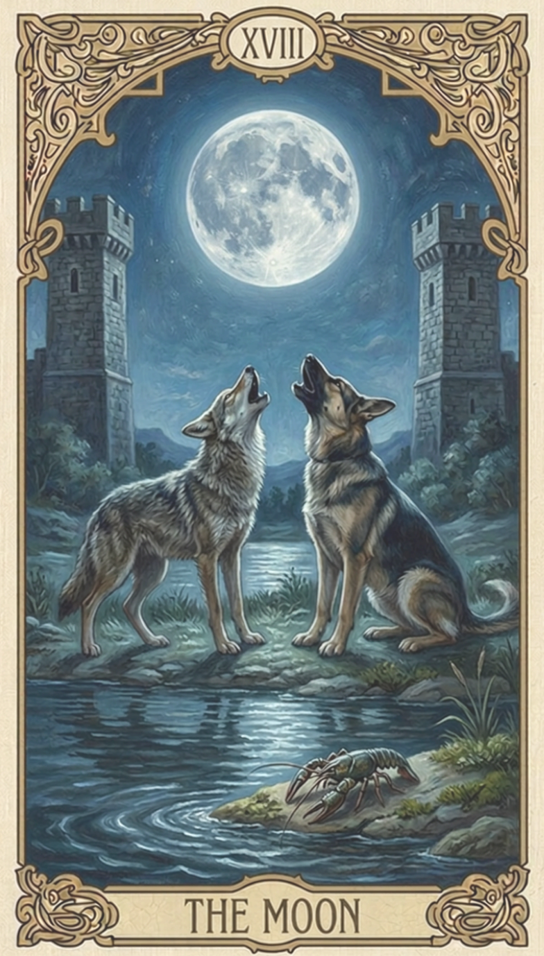 Moon Tarot Card with testimonial: "My astrology reading was spot-on.You explained everything so well.A gigantic wow.It’s mind blowing to get that information and personality 'read' from astrology.Thank you, you are a gift, an incredible healer."