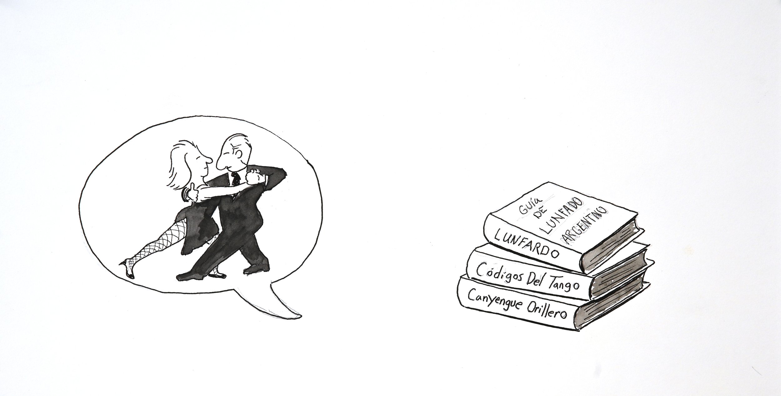 Black and white cartoon drawing of two people dancing tango in a thought bubble