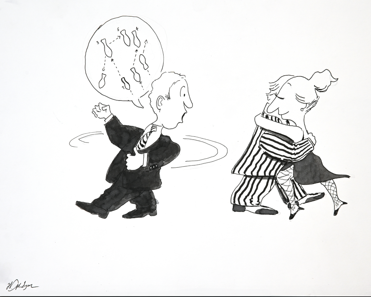 Black and white cartoon drawing of three people dancing tango