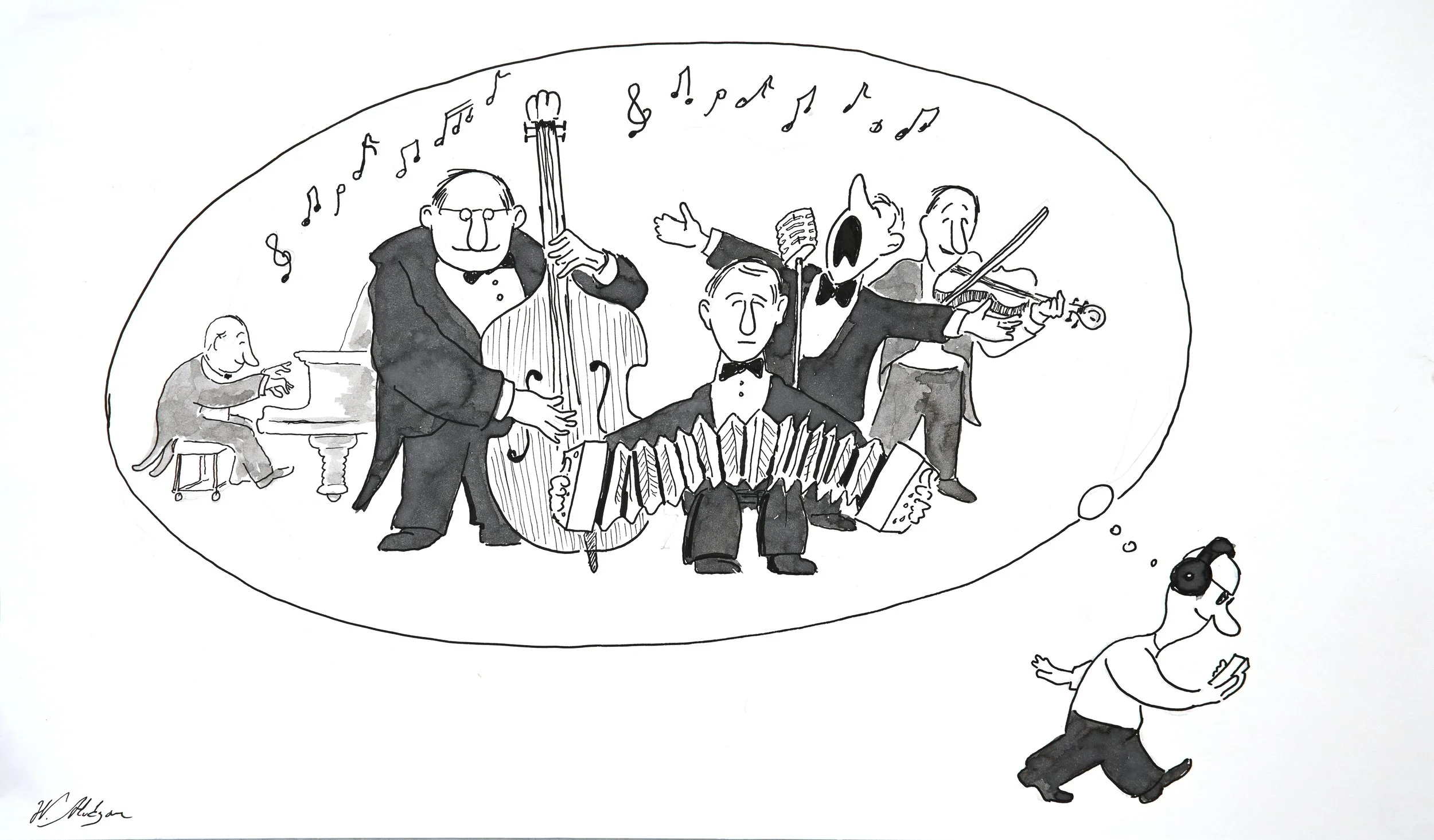 Black and white cartoon drawing of someone listening to classical music