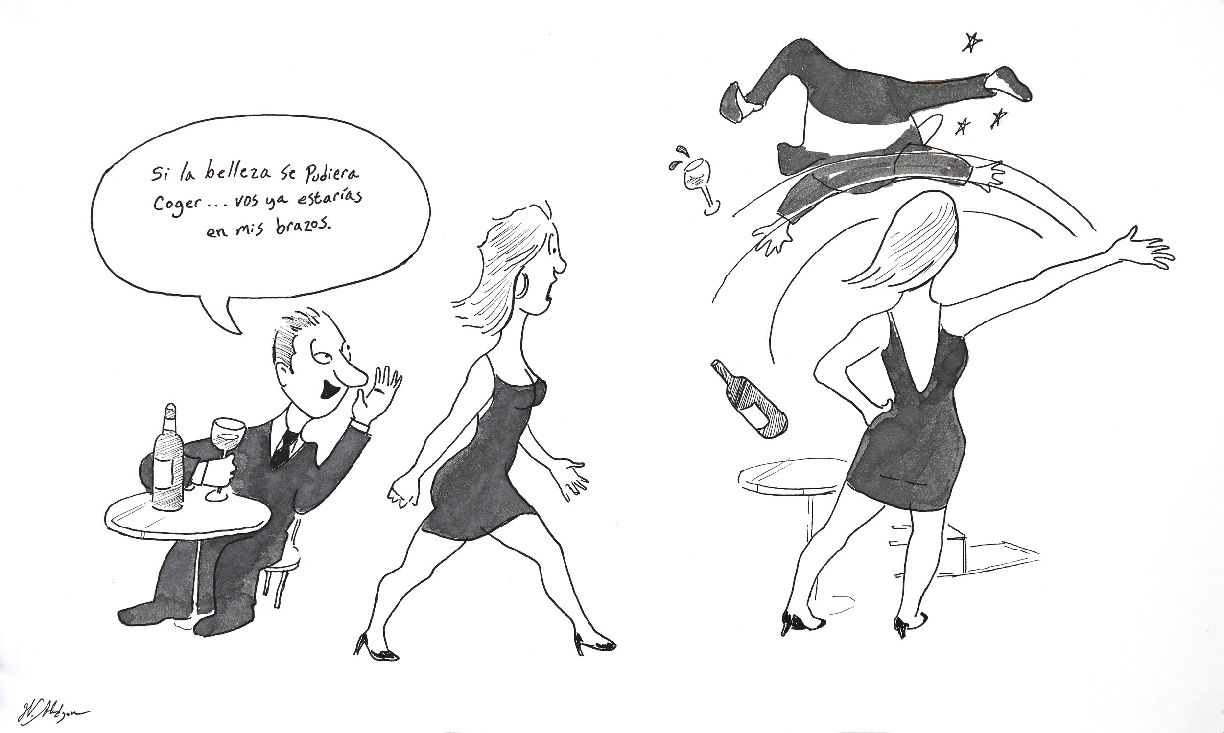 Black and white cartoon drawing of a couple with wine