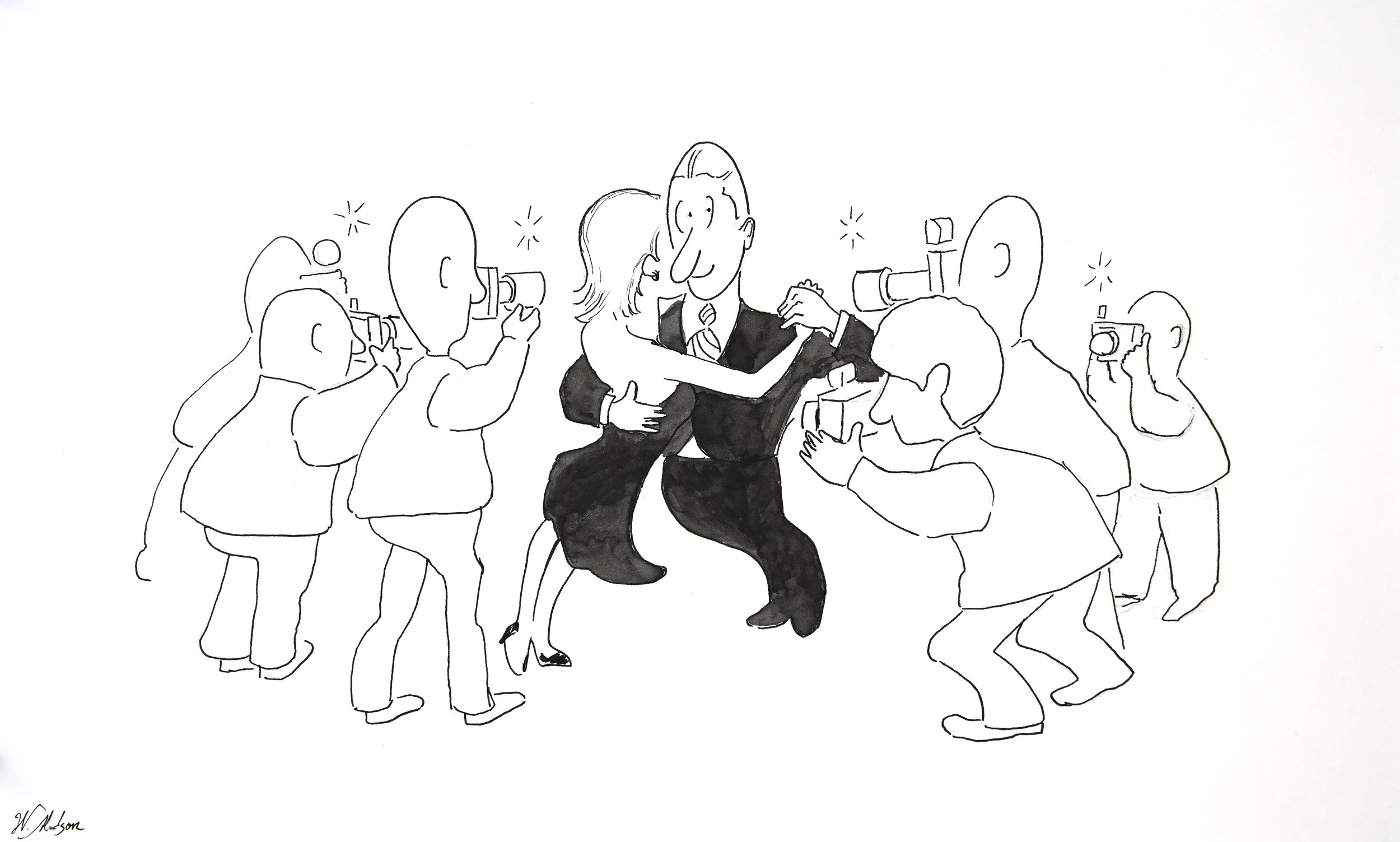 Black and white cartoon drawing of two people dancing with cameras around them