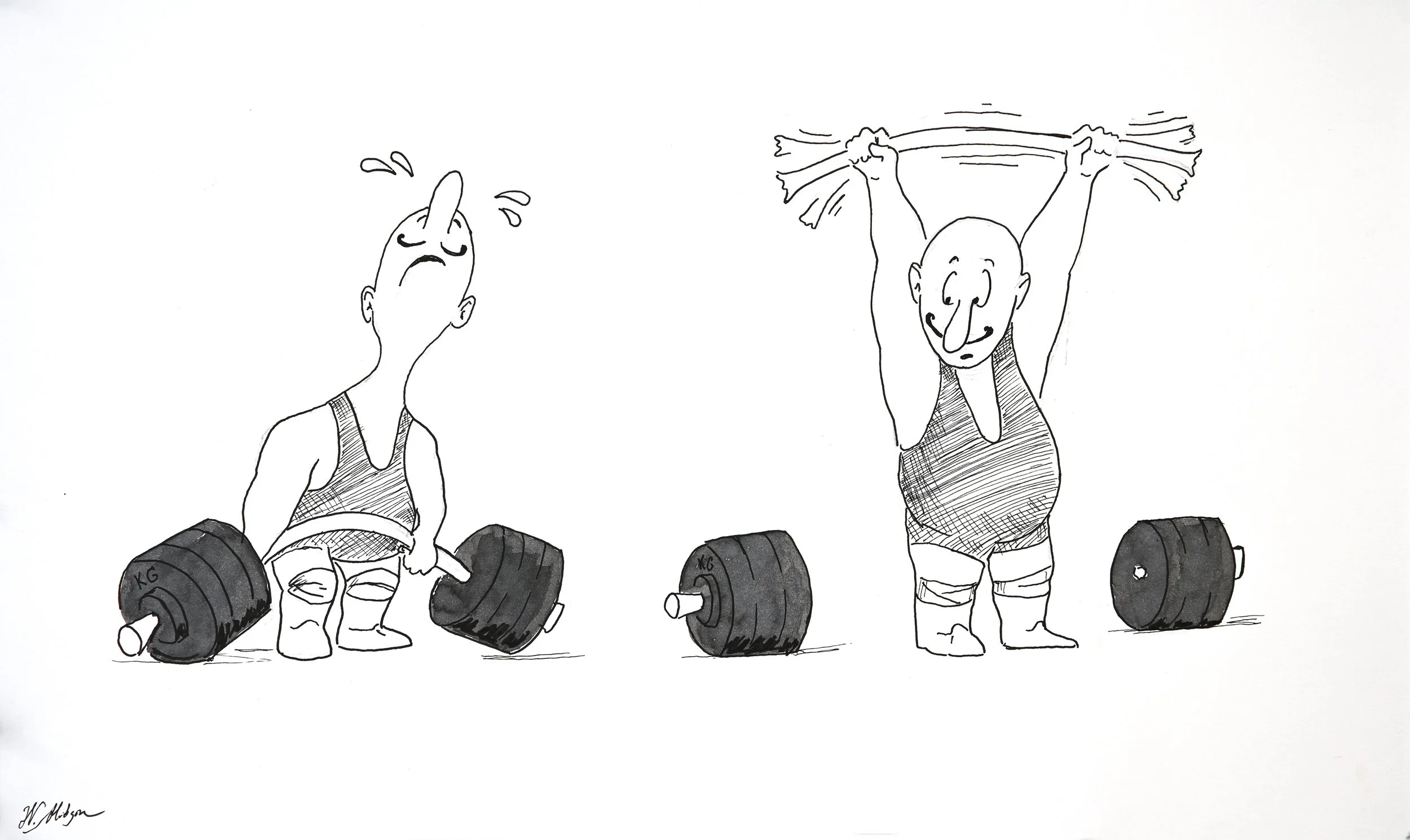Black and white cartoon drawing of a man lifting weights