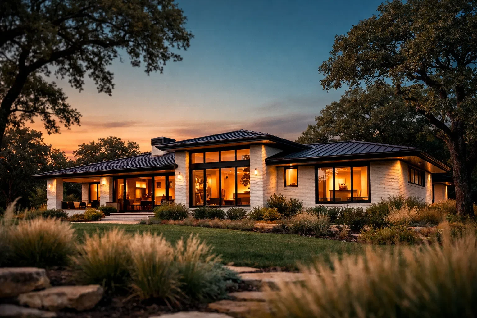 Modern house during sunset with large windows and well-lit interior, surrounded by trees and landscaped yard.