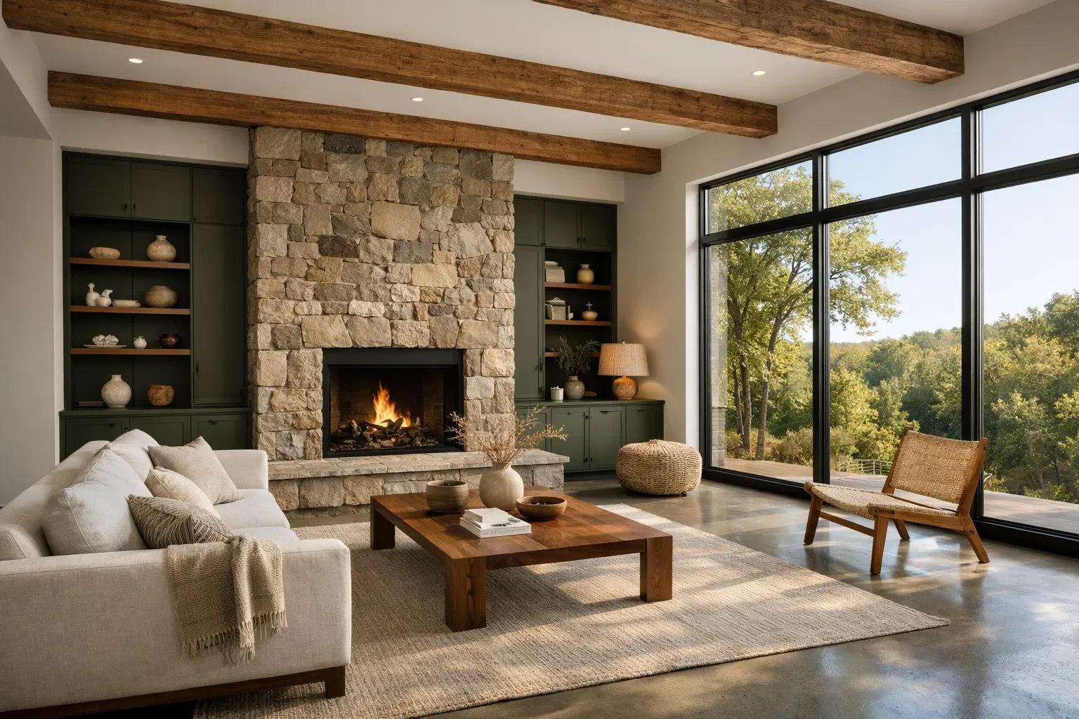 Living room with a stone fireplace, beige sofa, wooden coffee table, large windows showing outdoor trees, green cabinets with shelves, decorative vases, a wicker ottoman, and a chair near the window, in a modern home.