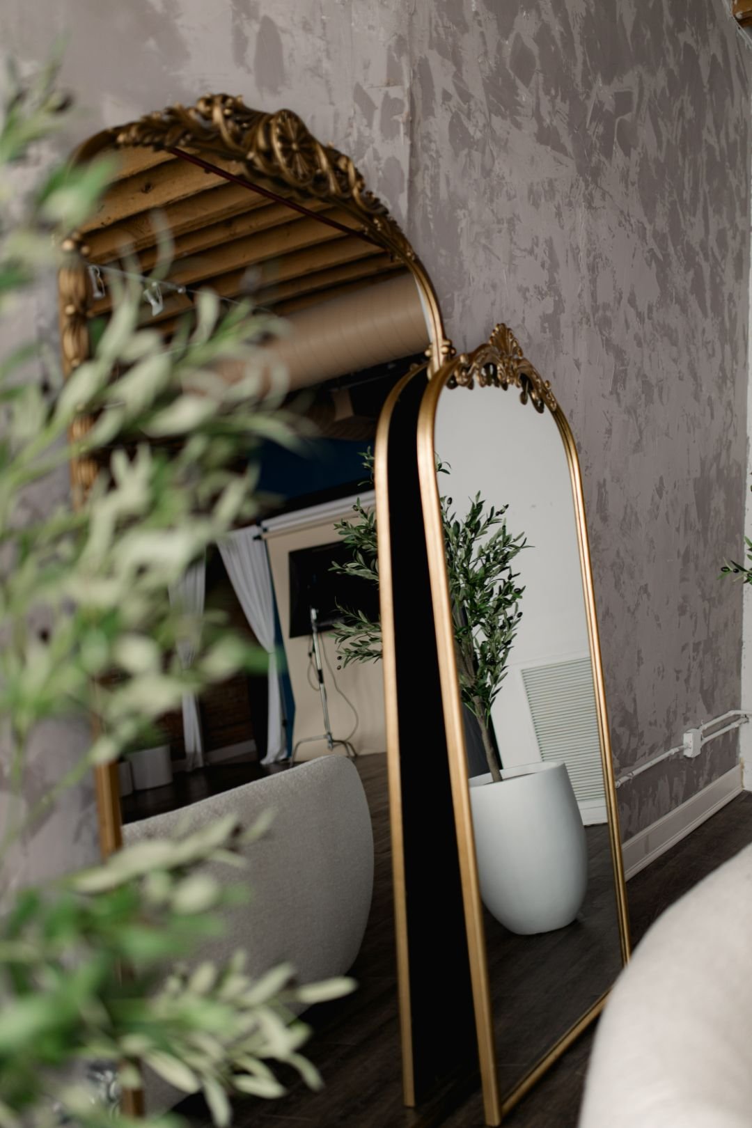 Gold-framed arched mirror reflecting a potted plant and room interior with textured gray walls.