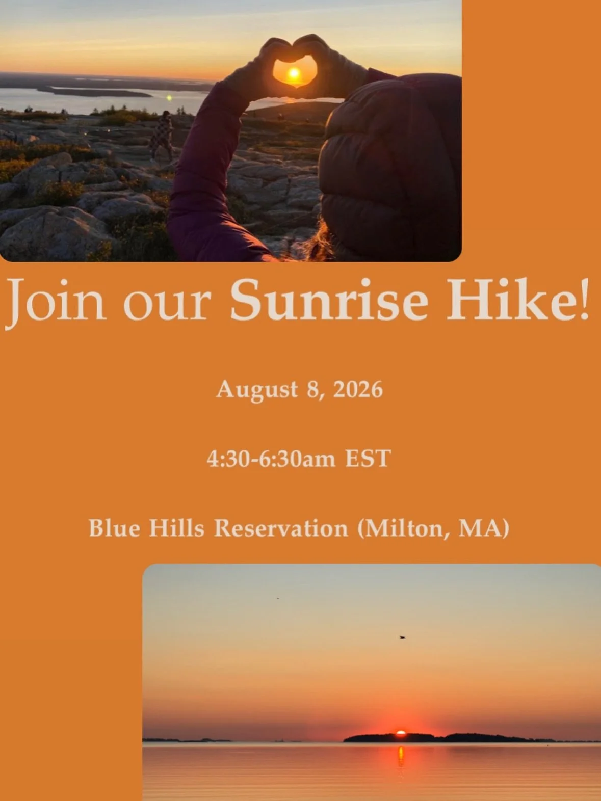see the sunrise from the summit 🌅

join us for a hike on Saturday 8/8 up Great Blue Hill to watch the sun rising in the sky ⛰️🌞

hike through quiet forest, connect with others in your community, and experience the most stunning views (all before mo