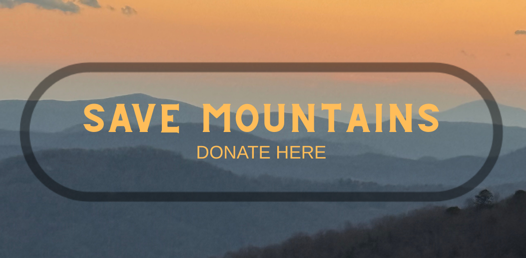 A landscape of mountains at sunset with a call-to-action message overlaid that says "Save Mountains" and "Donate Here."