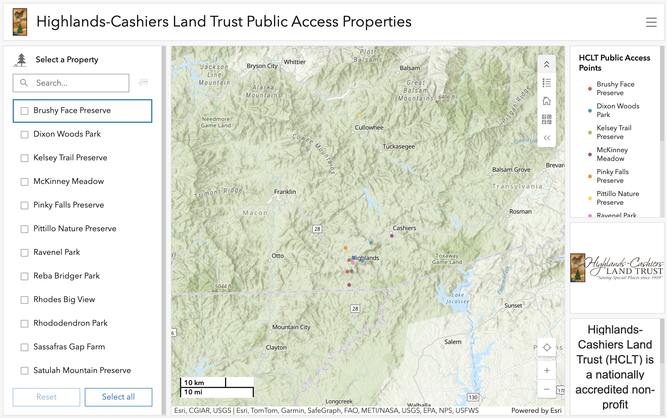 Map showing public access points for Highlands-Cashiers Land Trust properties in North Carolina, with colored dots indicating different sites such as Brushy Face Preserve, Dixon Woods Park, Kelsey Trail Preserve, and others, alongside a list of properties on the left and a logo for Highland-Cashiers Land Trust on the bottom right.