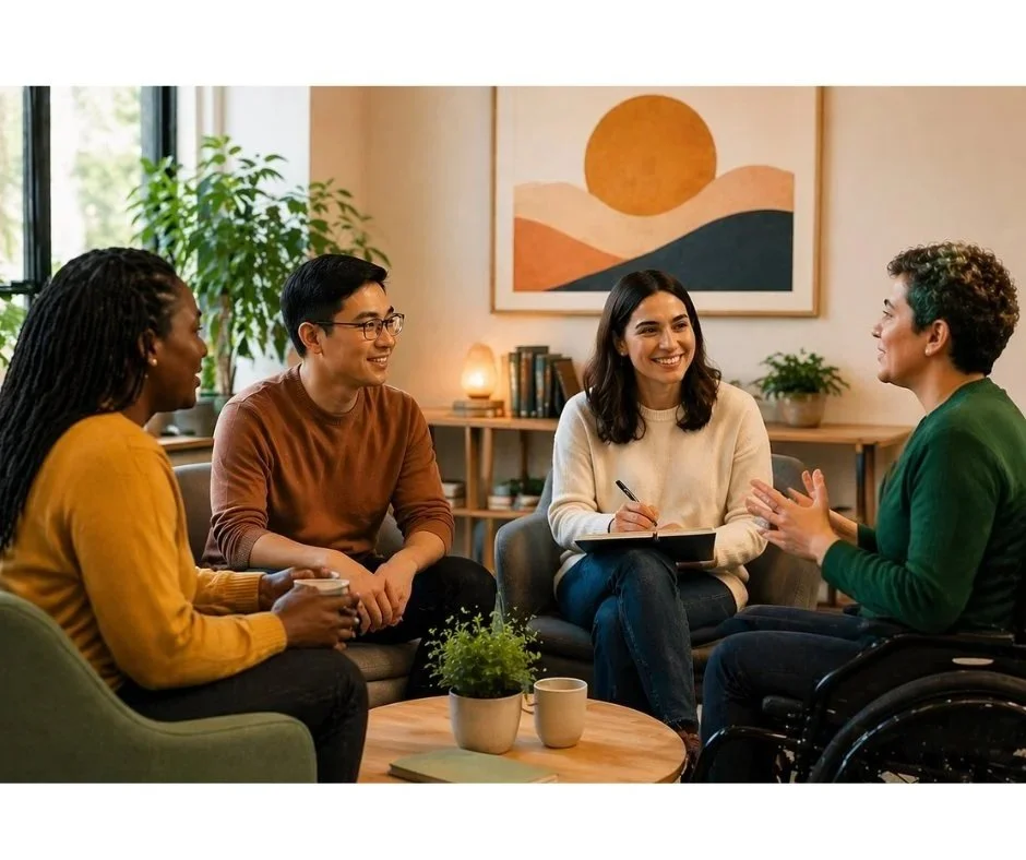 Four young professionals sitting in a semi circle 