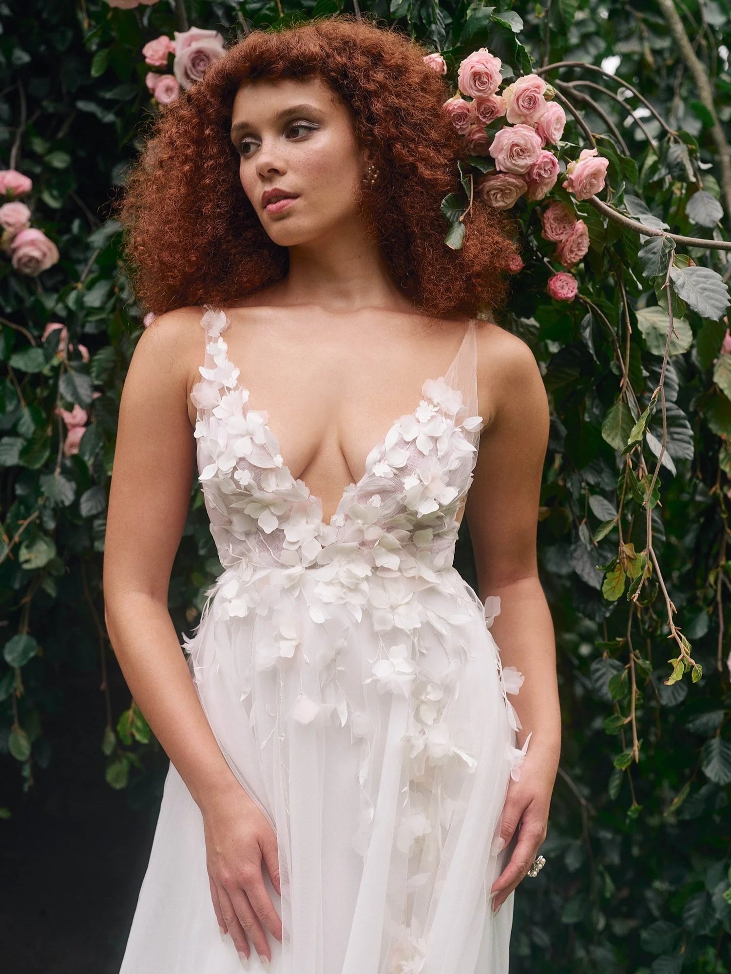 V-neck romantic floral wedding dress