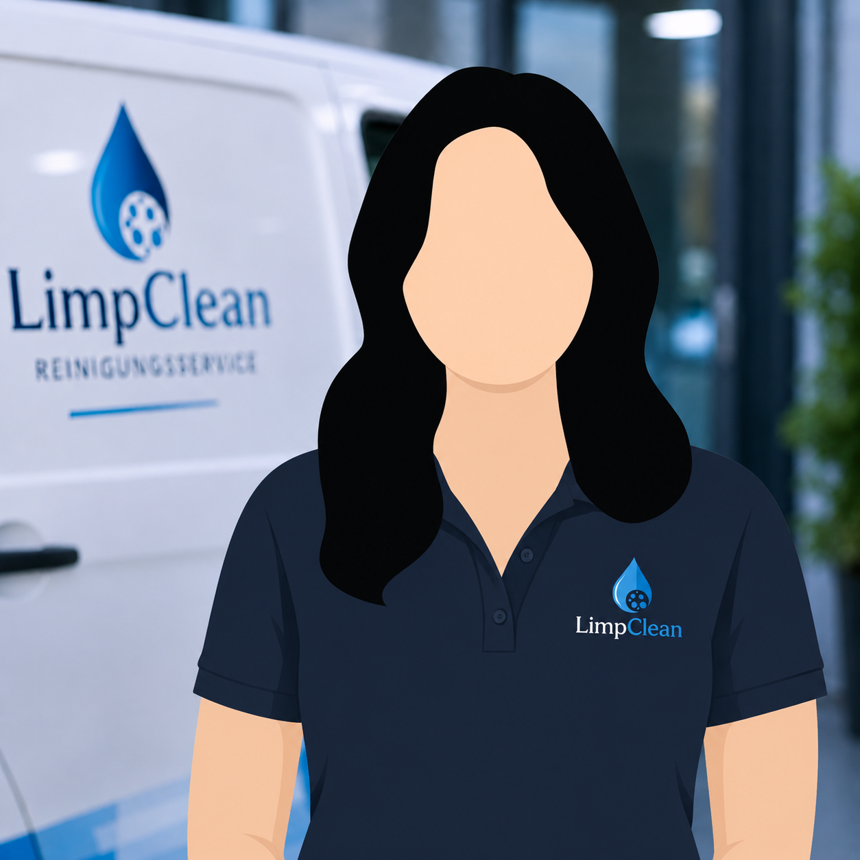 Illustration einer Frau in einer LimClean-Uniform vor einem LimClean-Reinigungsdienstfahrzeug.