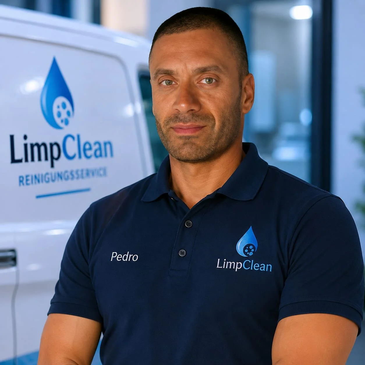 Ein Mann trägt ein dunkelblaues Polo-Shirt mit dem Logo und Namen "LimpClean" sowie dem Namen "Pedro". Im Hintergrund ist ein Fahrzeug mit dem "LimpClean" Logo. Es scheint sich um einen professionellen Reinigungsdienst zu handeln.