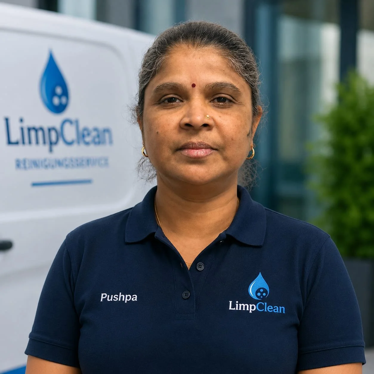 Eine junge Frau mit dunkler Haut und grauem, hochgestecktem Haar trägt ein dunkelblaues Polo mit dem Logo von LimpClean und ihrem Namen Pushpa, vor einer Reinigungsfahrzeug