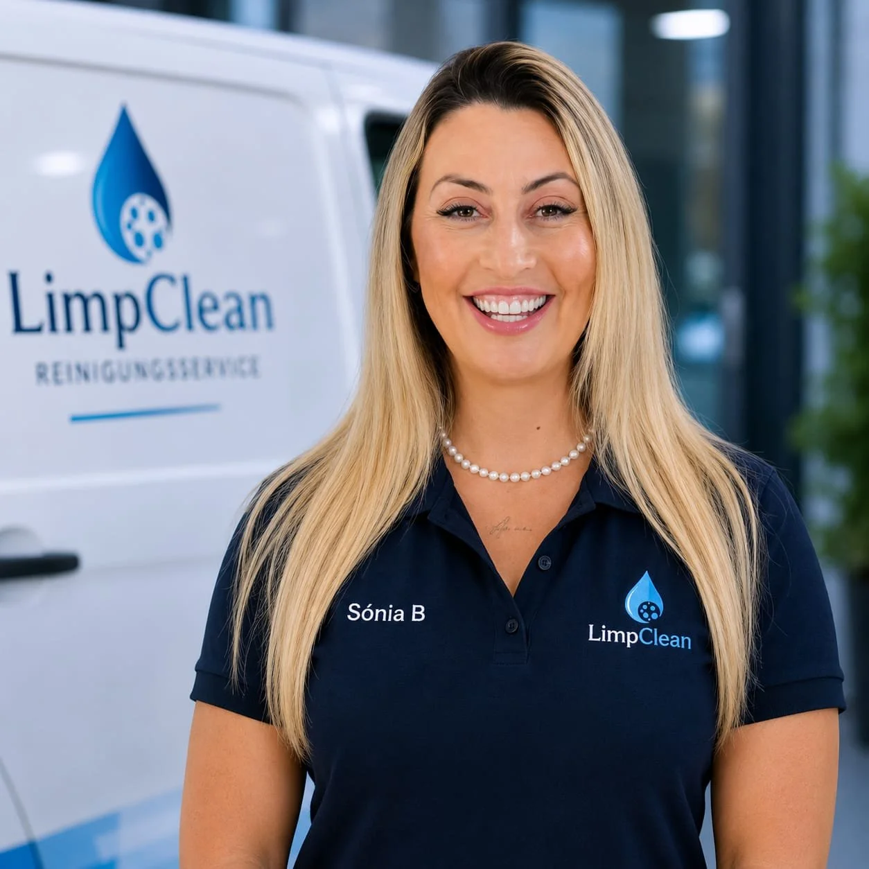 Eine lächelnde Frau trägt ein dunkelblaues Polo mit dem Logo und Namen "LimpClean" sowie die Namensschild "Sónia B", vor einem weißen Fahrzeug mit dem gleichen Logo.