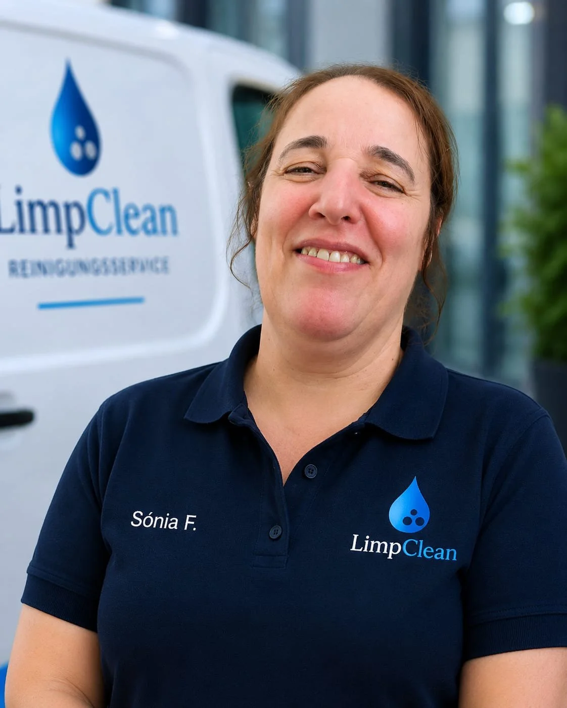 Eine lächelnde Frau trägt ein dunkelblaues Polo mit dem Logo von LimpClean und dem Namen Sônia F. Stehend vor einem Auto mit LimpClean-Werbung auf der Seite.