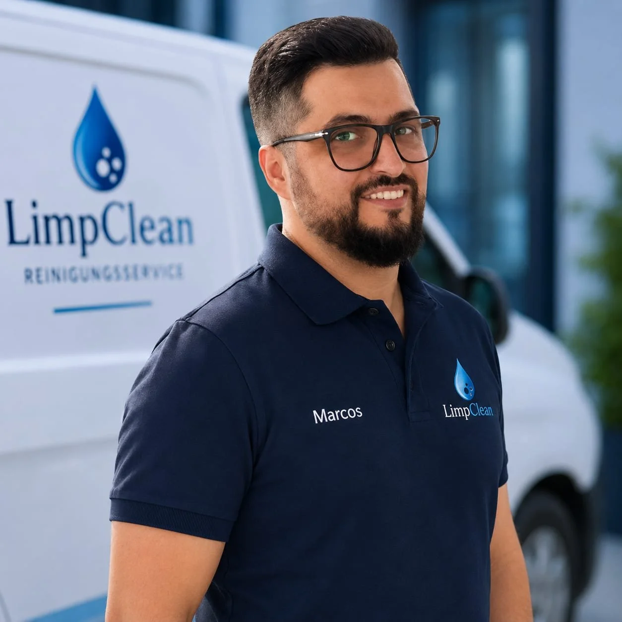 Ein Mann trägt ein dunkles Polo-Shirt mit dem Namen 'Marcos' und einem Logo für eine Firma namens 'LimpClean'. Er steht vor einem weißen Van, der ebenfalls das Firmenlogo und den Namen trägt. Das Logo ist eine blaue Wassertropfenform mit Wasser-Tröpfchen innen. Der Mann lächelt und trägt Brille.