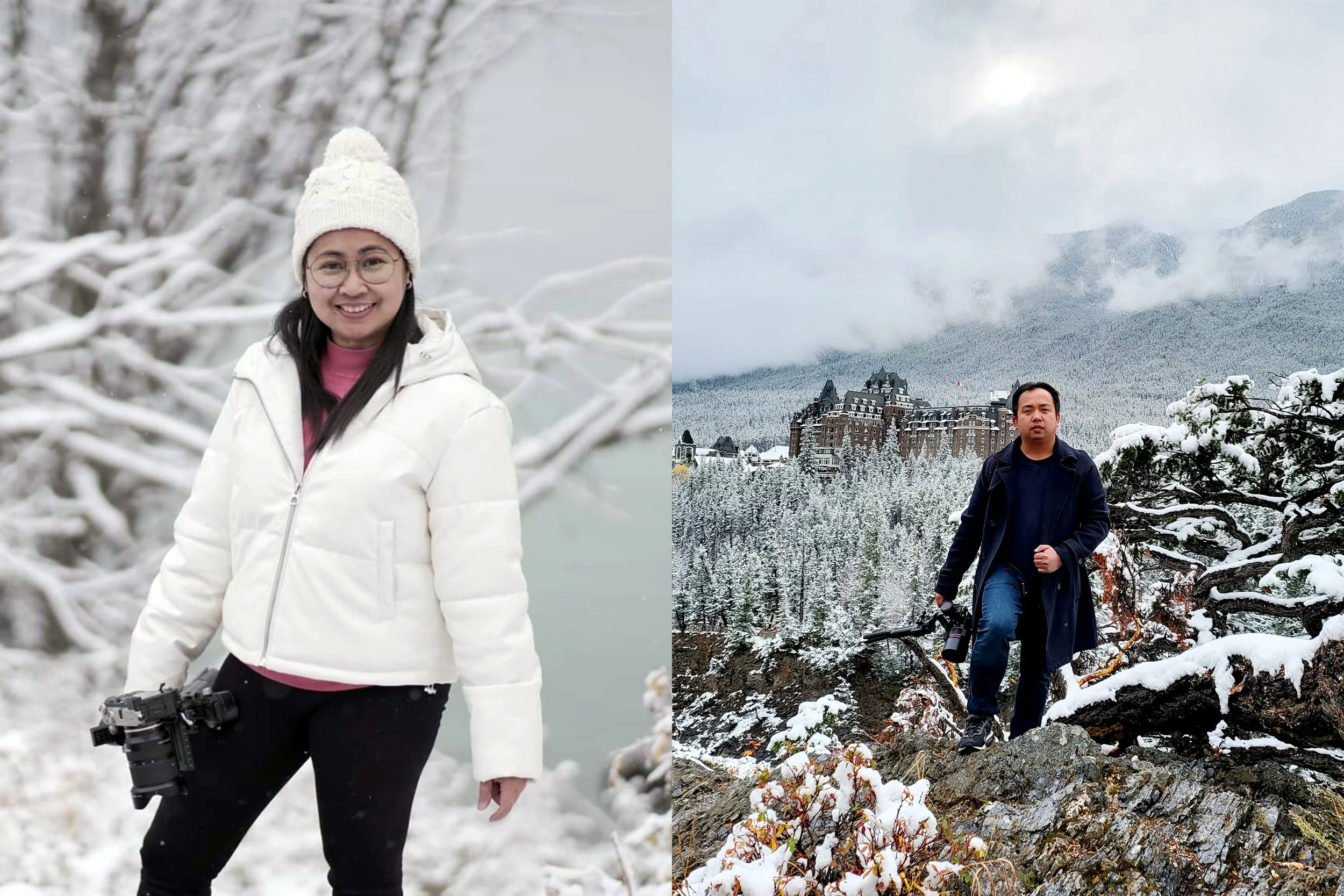 A woman in winter clothing smiling outdoors on the left, and a man in winter clothing standing on rocks in a snowy landscape with a building and mountains in the background on the right.