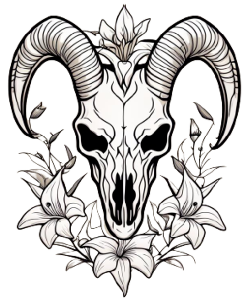 A black and white illustration of a goat skull with large curled horns, surrounded by lilies.
