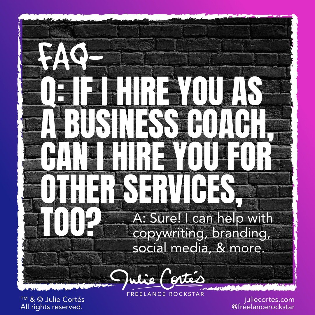 You asked. And I answered!

For today's installment of coaching FAQs, I bring you:

Q: If I hire you as a business coach, can I hire you for other services, too? 

A. Of course! I love helping my clients in as many ways as I can. This includes:

⭐ co