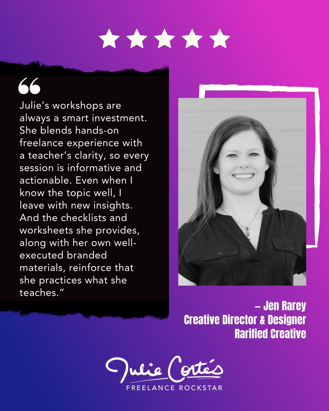 Big shout out to Jen Rarey of @rarifiedcreative for these incredibly kind words. 🙌

When someone as talented and experienced as Jen says she still walks away from my workshops with new insights, that means the world. 💜 

Because, here&rsquo;s the t
