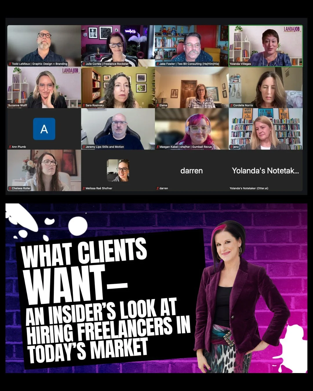 What. A. Meetup! 🤩

If you missed What Clients Want: An Insider's Look at Hiring Freelancers in Today's Market, you missed out on some GOOD golden nuggets. 

Big thanks to Suzanne Wolff and Yolanda Villegas of @landajobnow for coming in to the Zoom 