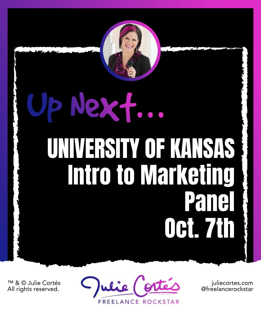 Back to KU I go! 🤸🏻&zwj;♀️

I&rsquo;m excited to return to my alma mater on October 7th for an Intro to Marketing panel with Jen Cawley and Phil Bressler. 

We&rsquo;ll be sharing some real talk and a few truth bombs about the industry. 

Rock Chal