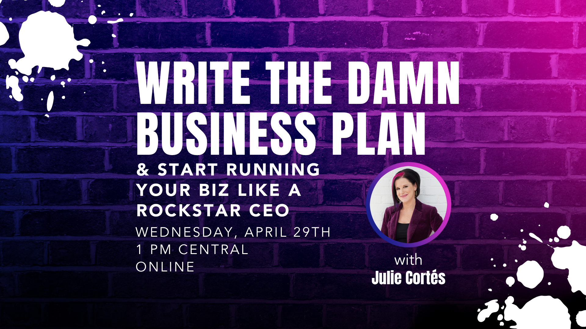 Promo graphic for the event, complete with Julie's colorful brand colors, and details about the event.