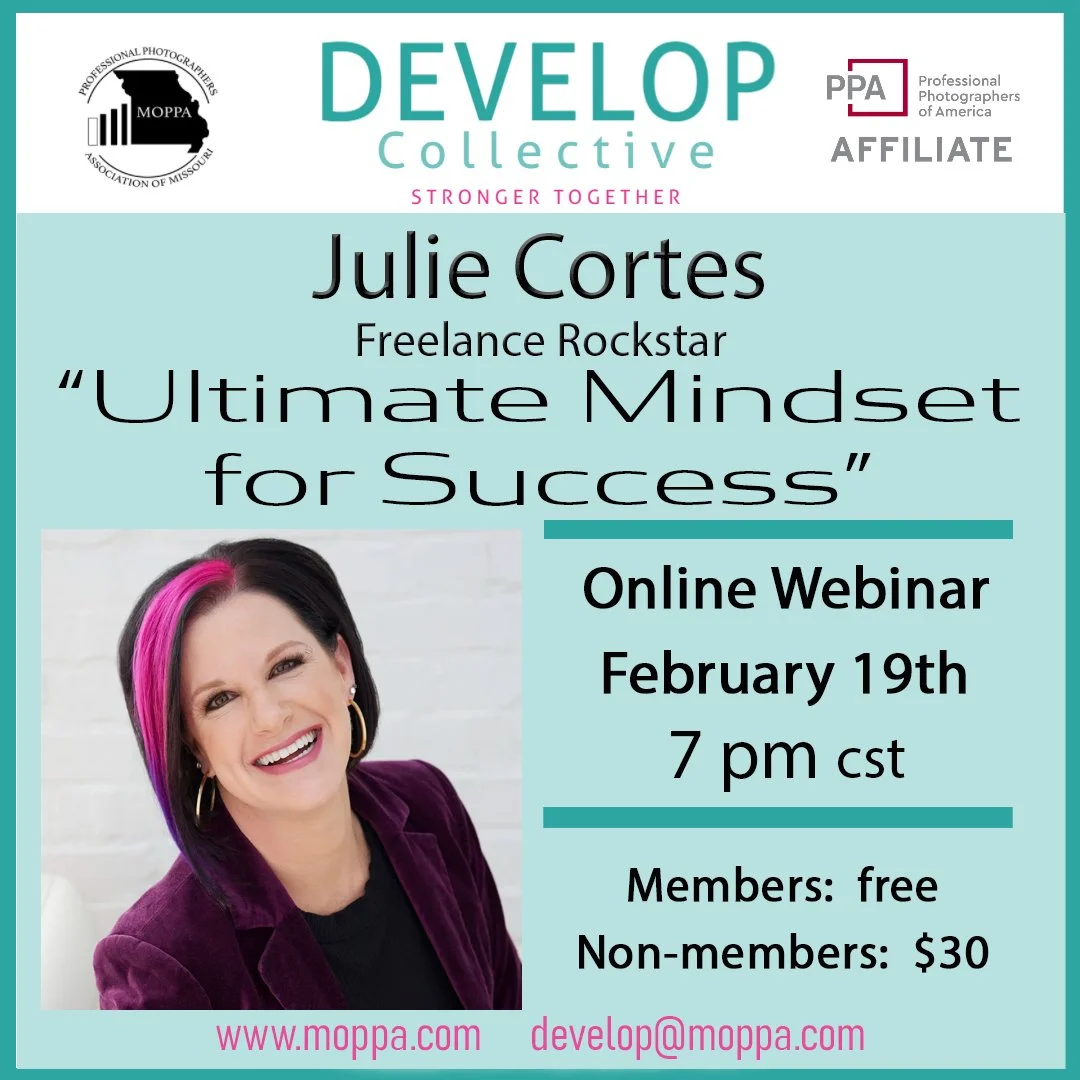 Promotional graphic for the webinar featuring Julie Cortes and her talk, "Ultimate Mindset for Success"