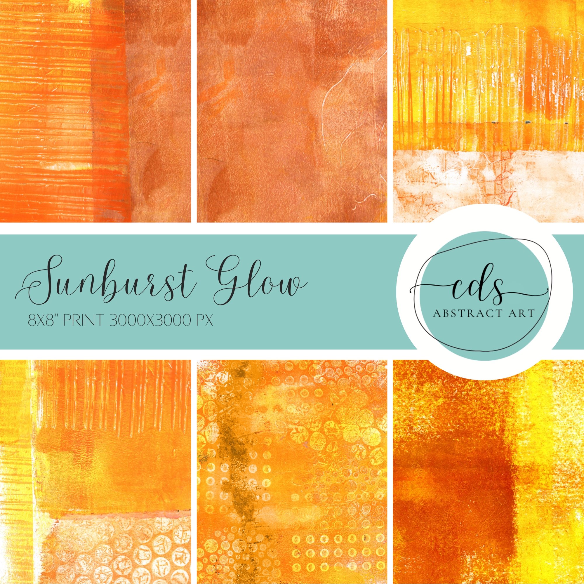 Collection of eight abstract art pieces in orange and yellow hues with various textures and patterns, titled 'Sunburst Glow', advertised as an 8x8 inch print.