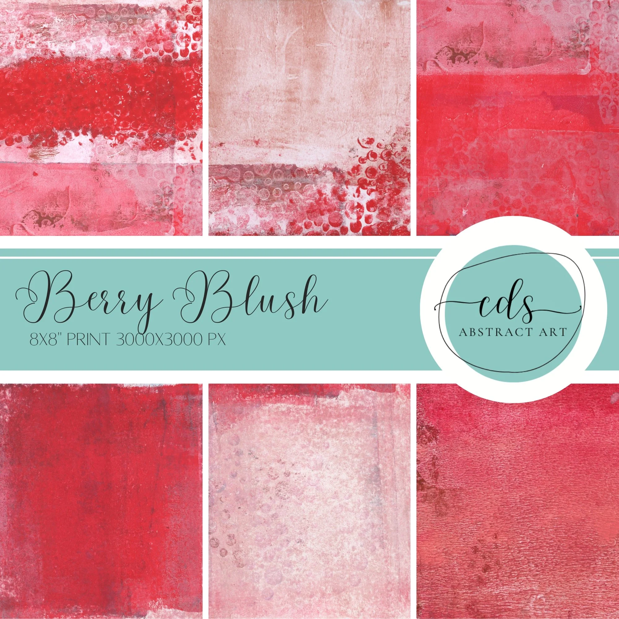 Collection of six pink and red abstract textured art pieces in a grid, with a label in the center reading "Berry Blush" and details about its size and resolution.