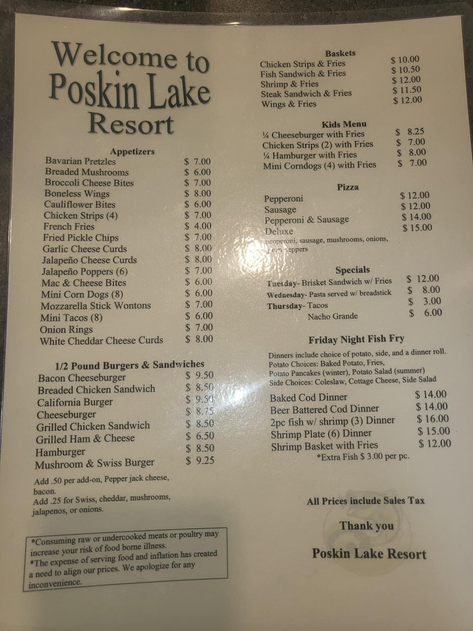 Menu 1 — Poskin Lake Resort